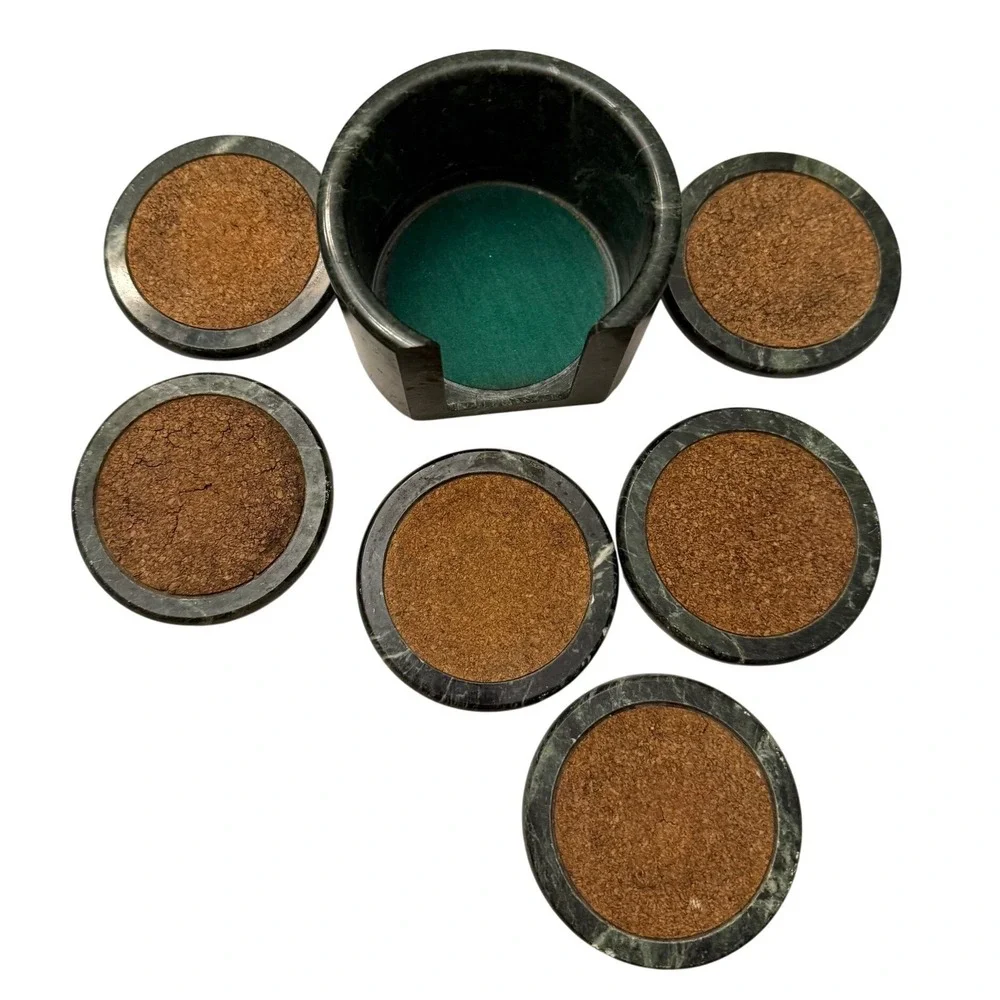 Vintage Dark Green Marble Coaster Set with Cork Inlays and Matching Holder 6pc